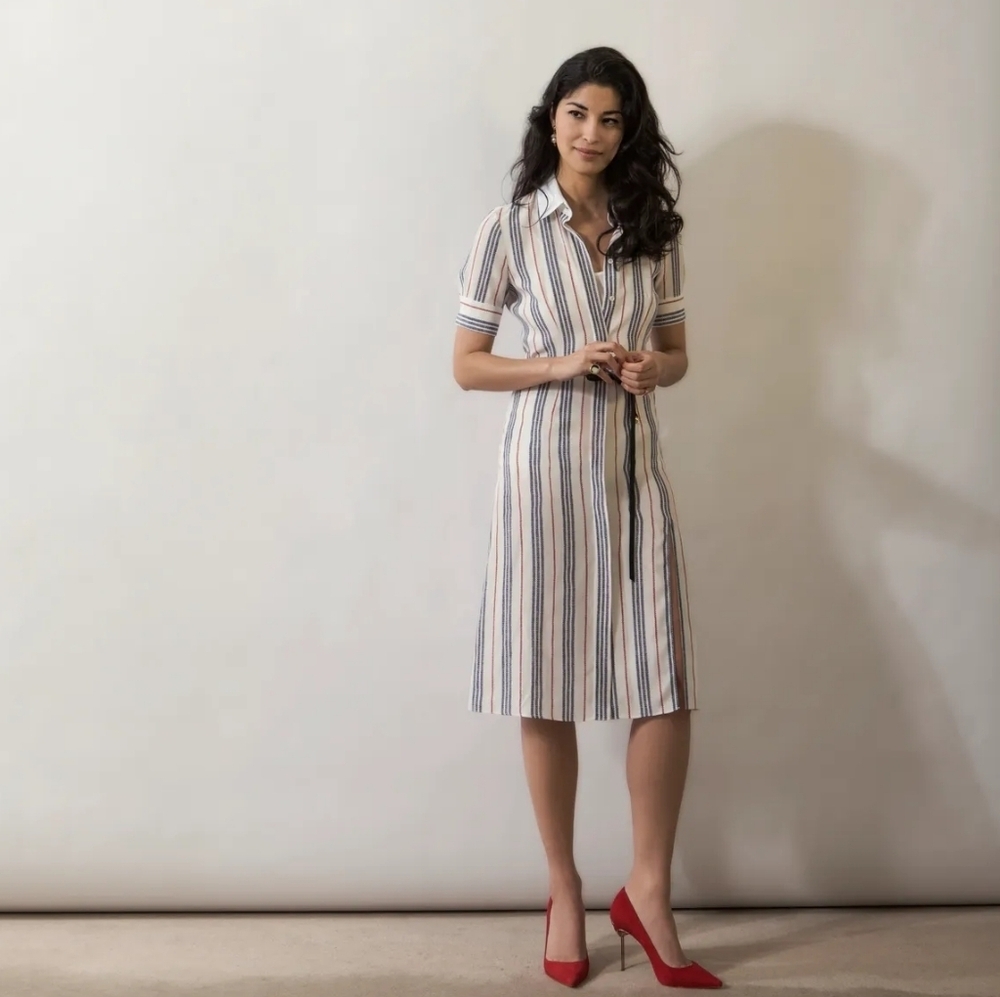 Altuzarra Kieran Silk Stripped Shirt Dress, Cream Red Blue Stripe, IT 40, US S